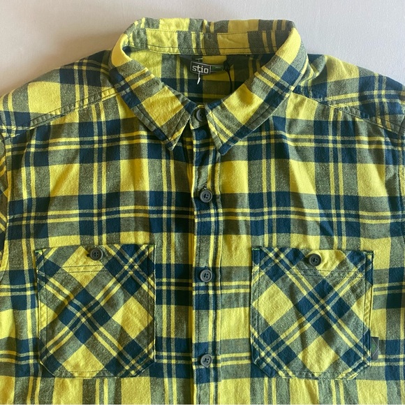 Stio Miter Lightweight Flannel Shirt Mens Large Lightning Bug Plaid Yellow Blue - Picture 3 of 14